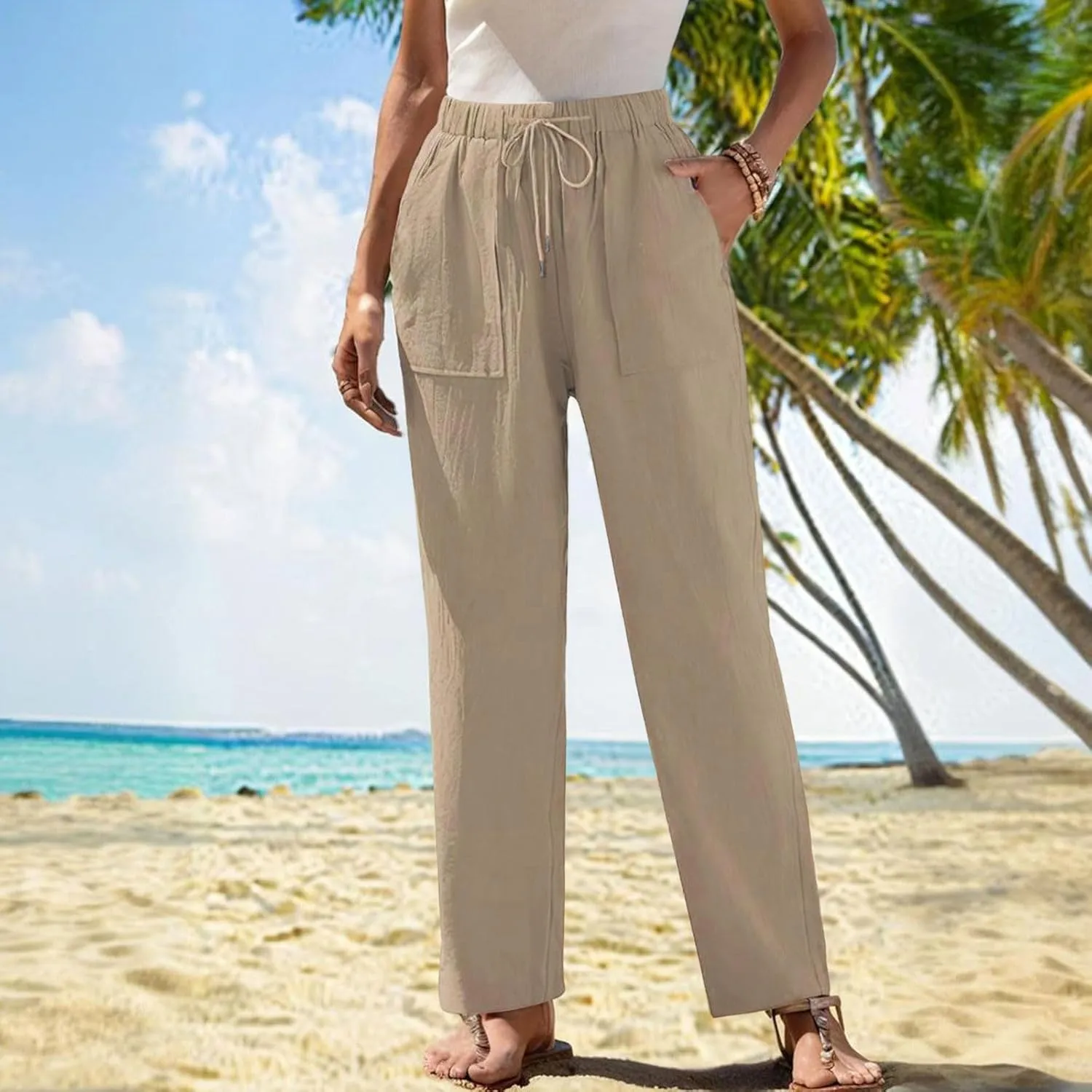 Lmdudan 2025 Women Linen Pants Wide Leg Ankle Pants High Waist Drawstring Casual Palazzo Loose Beach Pant Lightweight Trouser