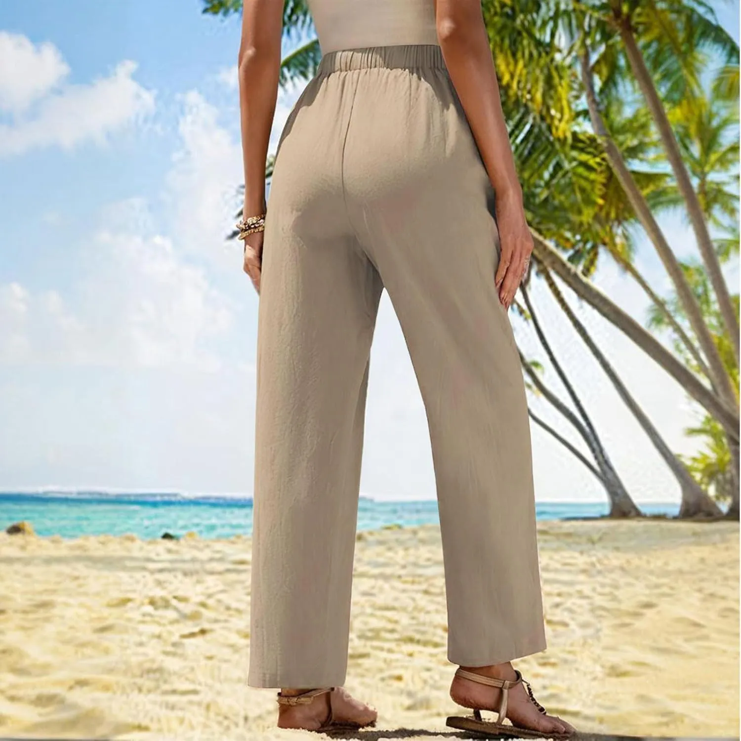 Lmdudan 2025 Women Linen Pants Wide Leg Ankle Pants High Waist Drawstring Casual Palazzo Loose Beach Pant Lightweight Trouser