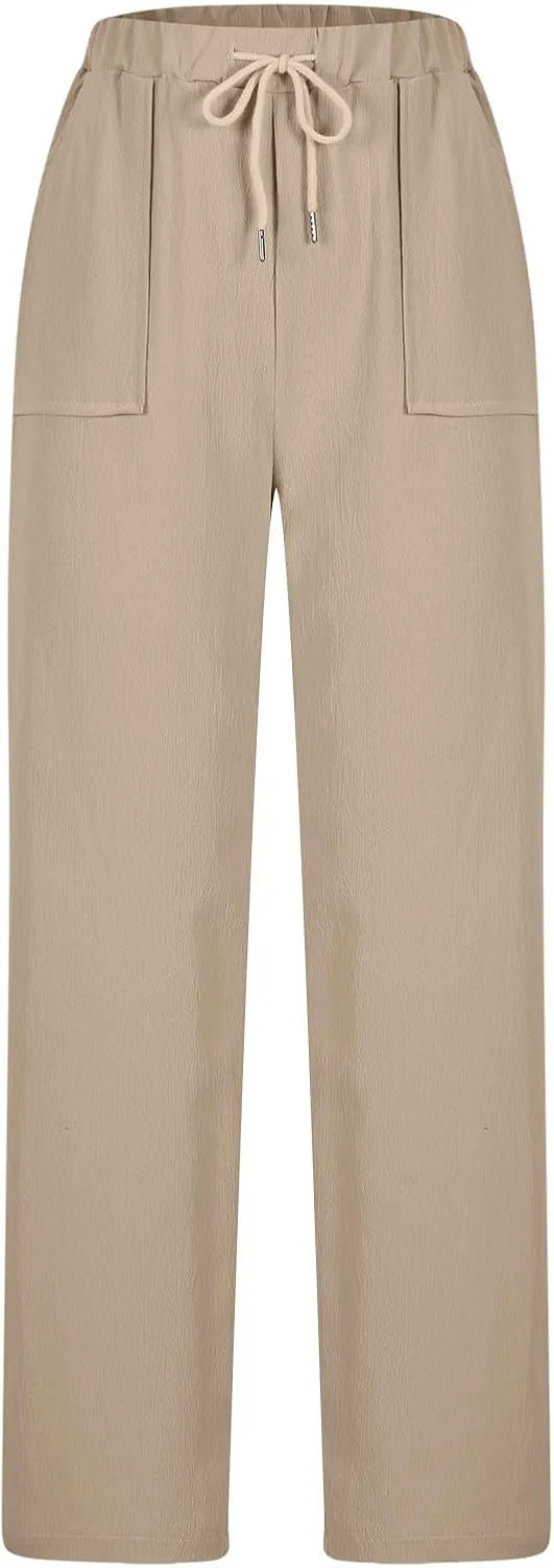 Lmdudan 2025 Women Linen Pants Wide Leg Ankle Pants High Waist Drawstring Casual Palazzo Loose Beach Pant Lightweight Trouser