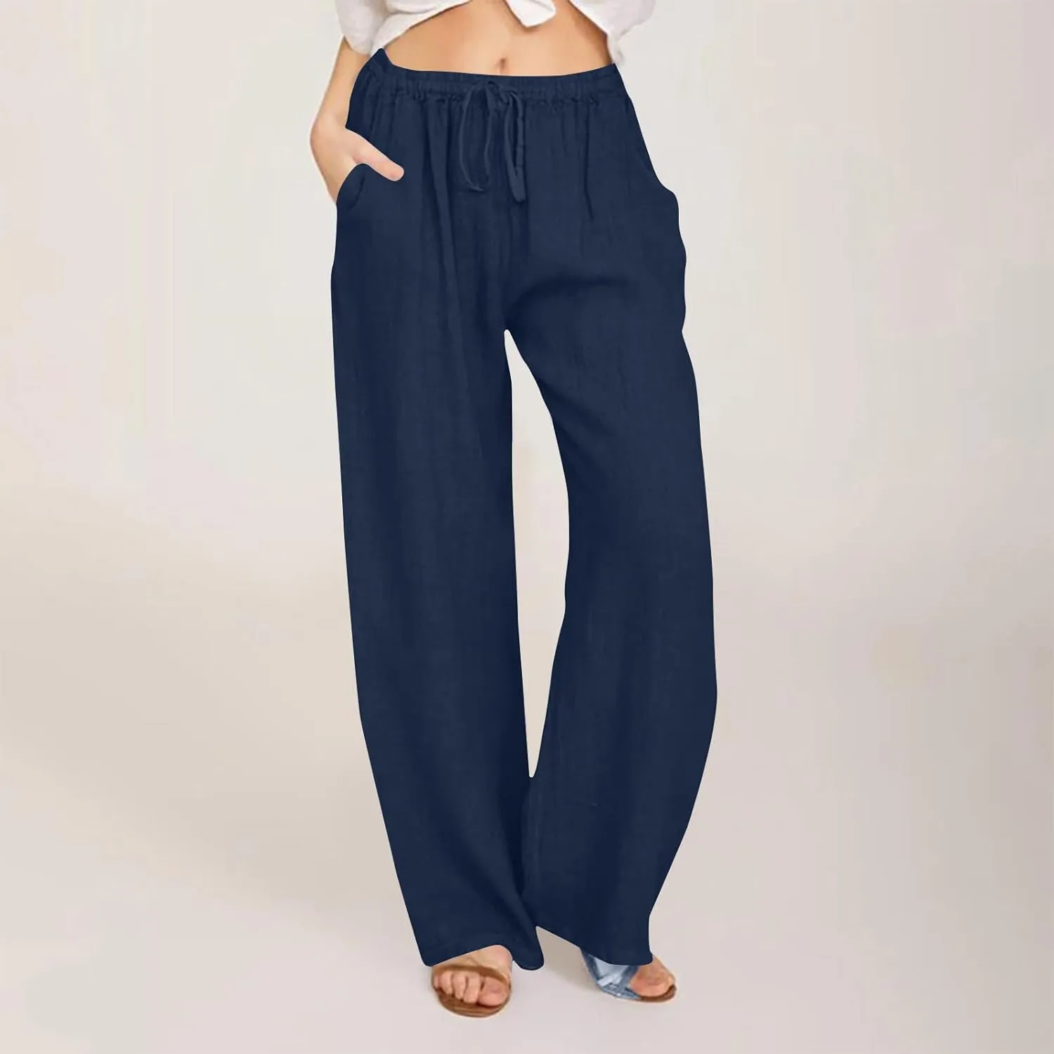Lmdudan 2025 Womens Casual Linen High Waist Pants Drawstring Loose Fit Summer Pants Comfy Dressy Trousers with Pockets