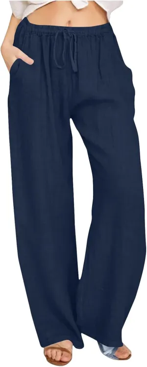 Lmdudan 2025 Womens Casual Linen High Waist Pants Drawstring Loose Fit Summer Pants Comfy Dressy Trousers with Pockets