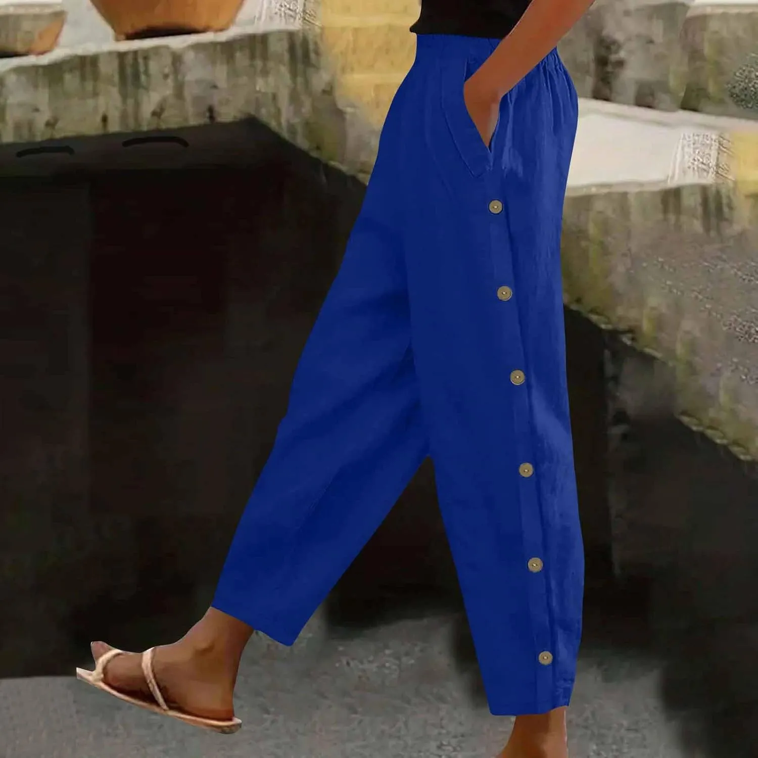 Lmdudan 2025 Womens Casual Linen Pants High Waist Summer Boho Beach Pants Lounge Pant Trousers with Pockets Vacation Outfits