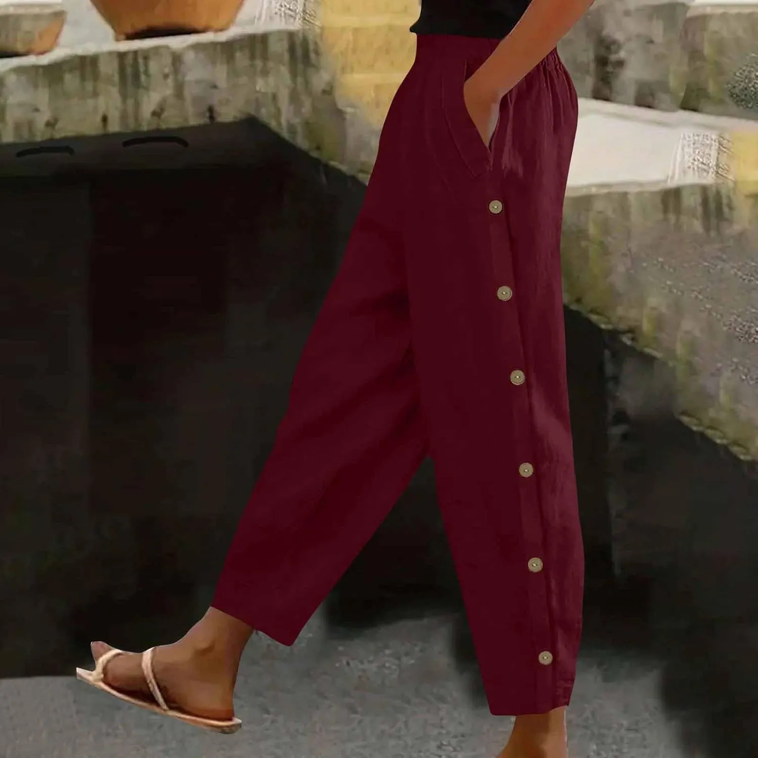 Lmdudan 2025 Womens Casual Linen Pants High Waist Summer Boho Beach Pants Lounge Pant Trousers with Pockets Vacation Outfits
