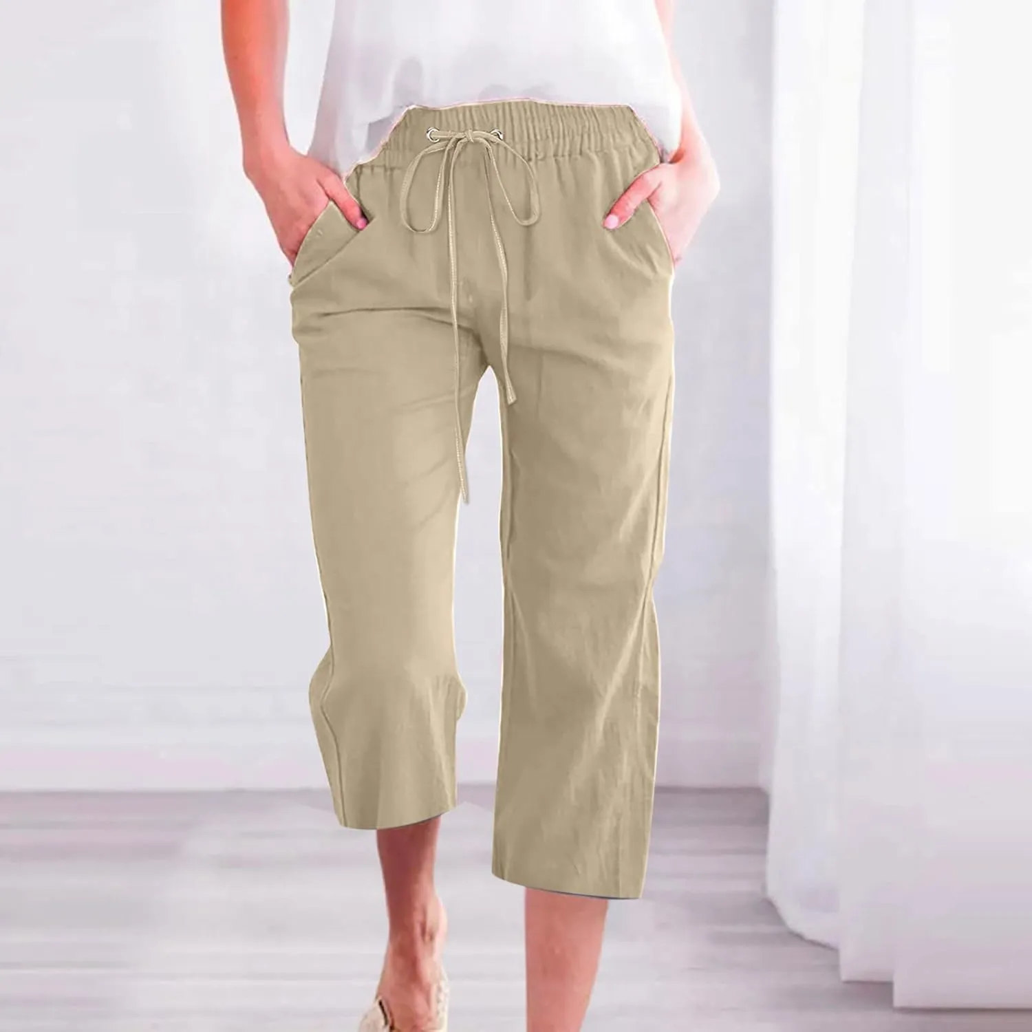 Lmdudan Cotton Linen Capri Pants for Women Summer Drawstring Elastic High Waist Casual Pant Straight Wide Leg Cropped Trouser