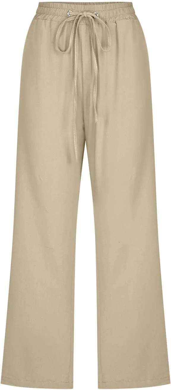 Lmdudan Cotton Linen Capri Pants for Women Summer Drawstring Elastic High Waist Casual Pant Straight Wide Leg Cropped Trouser