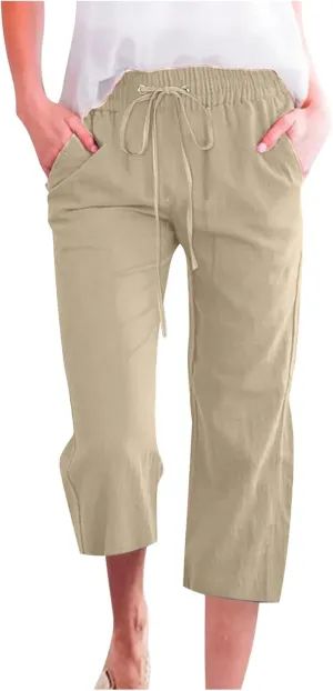 Lmdudan Cotton Linen Capri Pants for Women Summer Drawstring Elastic High Waist Casual Pant Straight Wide Leg Cropped Trouser