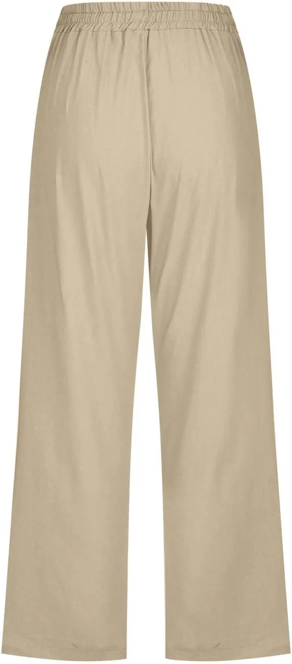 Lmdudan Cotton Linen Capri Pants for Women Summer Drawstring Elastic High Waist Casual Pant Straight Wide Leg Cropped Trouser