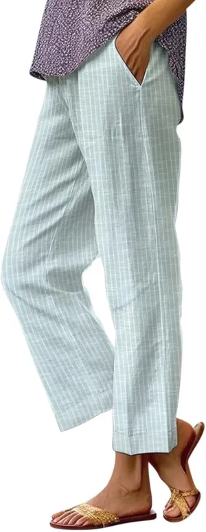 Lmdudan Cotton Linen Pants Women Elastic Waisted Drawstring Summer Cropped Pant Travel Vacation Beach Baggy Capri Trousers