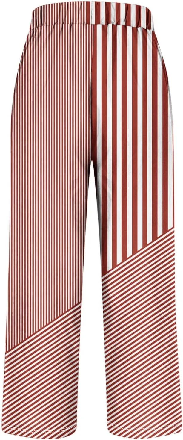 Lmdudan Linen Pants for Women Dressy Casual Striped Color Block Trousers Summer Elastic Waist Loose Sweatpants with Pockets