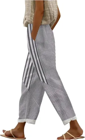 Lmdudan Linen Pants for Women Dressy Casual Striped Color Block Trousers Summer Elastic Waist Loose Sweatpants with Pockets