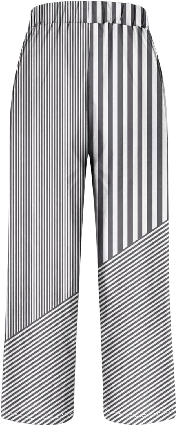 Lmdudan Linen Pants for Women Dressy Casual Striped Color Block Trousers Summer Elastic Waist Loose Sweatpants with Pockets