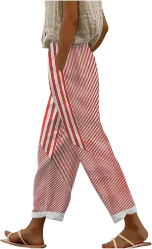 Lmdudan Linen Pants for Women Dressy Casual Striped Color Block Trousers Summer Elastic Waist Loose Sweatpants with Pockets