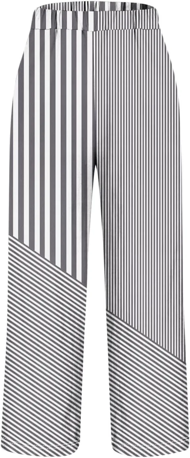 Lmdudan Linen Pants for Women Dressy Casual Striped Color Block Trousers Summer Elastic Waist Loose Sweatpants with Pockets