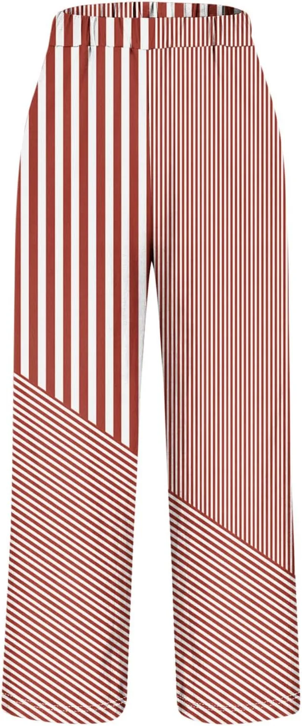 Lmdudan Linen Pants for Women Dressy Casual Striped Color Block Trousers Summer Elastic Waist Loose Sweatpants with Pockets