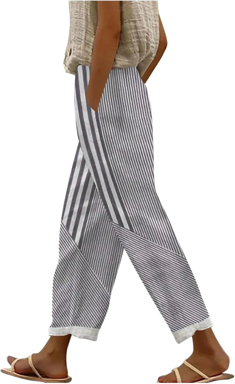 Lmdudan Linen Pants for Women Dressy Casual Striped Color Block Trousers Summer Elastic Waist Loose Sweatpants with Pockets