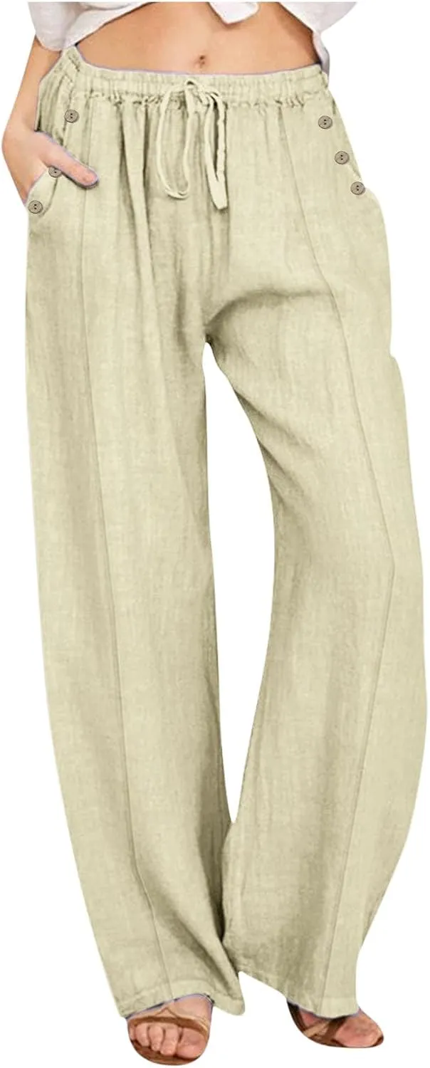 Lmdudan Linen Pants Women 2025 Summer Beach Lounge Palazzo Trousers Loose Elastic Plus Size Drawstring with Pockets Pants