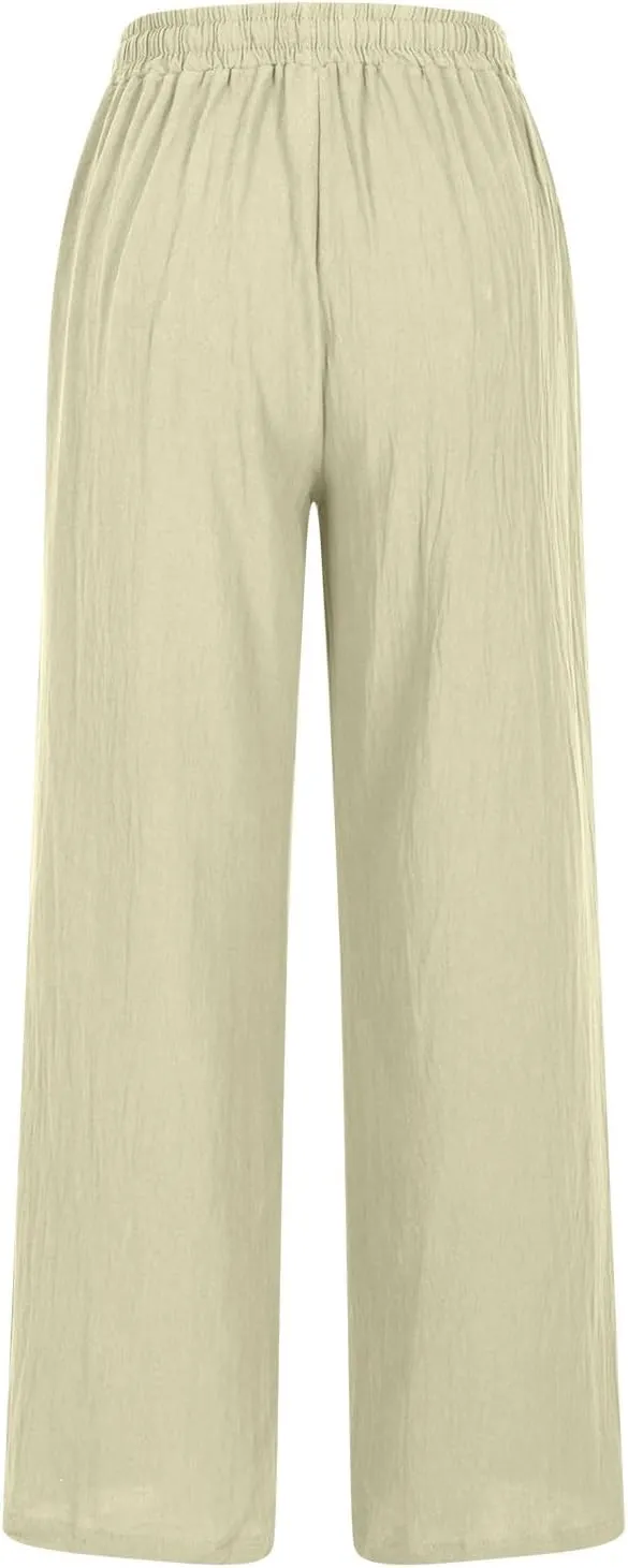 Lmdudan Linen Pants Women 2025 Summer Beach Lounge Palazzo Trousers Loose Elastic Plus Size Drawstring with Pockets Pants