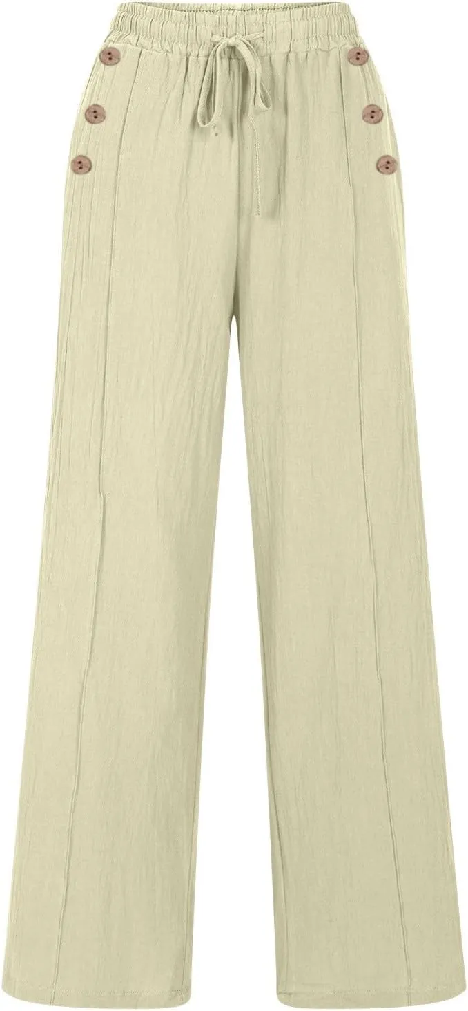 Lmdudan Linen Pants Women 2025 Summer Beach Lounge Palazzo Trousers Loose Elastic Plus Size Drawstring with Pockets Pants