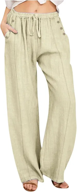 Lmdudan Linen Pants Women 2025 Summer Beach Lounge Palazzo Trousers Loose Elastic Plus Size Drawstring with Pockets Pants