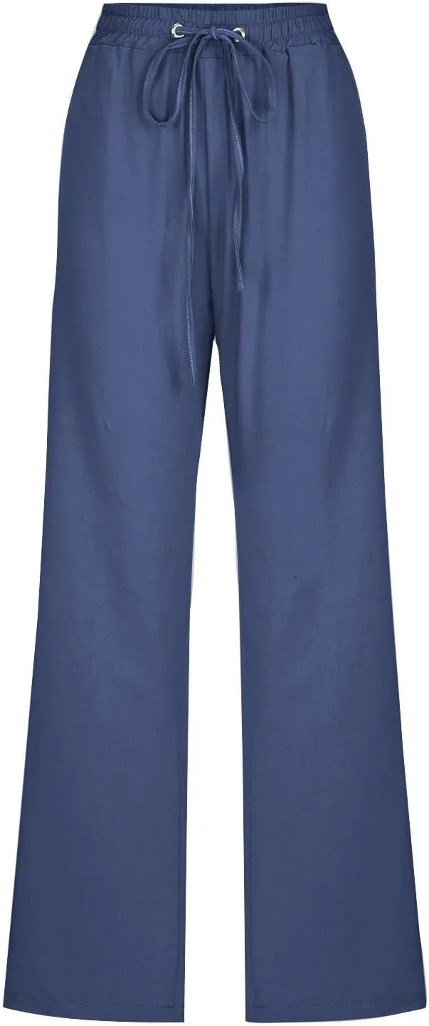 Lmdudan Plus Size Linen Pants for Women Summer Casual Drawstring High Waisted Pant Loose Vacation Lounge Trousers with Pocket