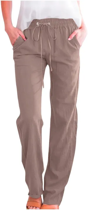 Lmdudan Plus Size Linen Pants for Women Summer Casual Drawstring High Waisted Pant Loose Vacation Lounge Trousers with Pocket