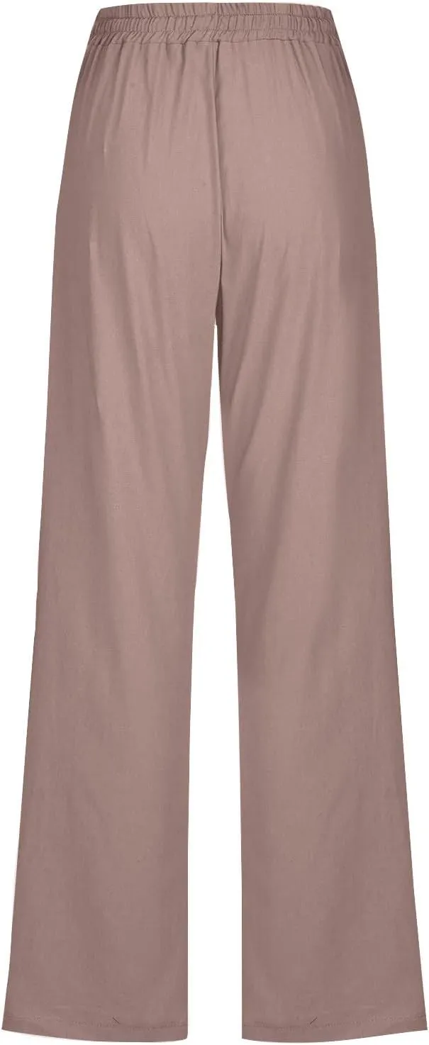 Lmdudan Plus Size Linen Pants for Women Summer Casual Drawstring High Waisted Pant Loose Vacation Lounge Trousers with Pocket