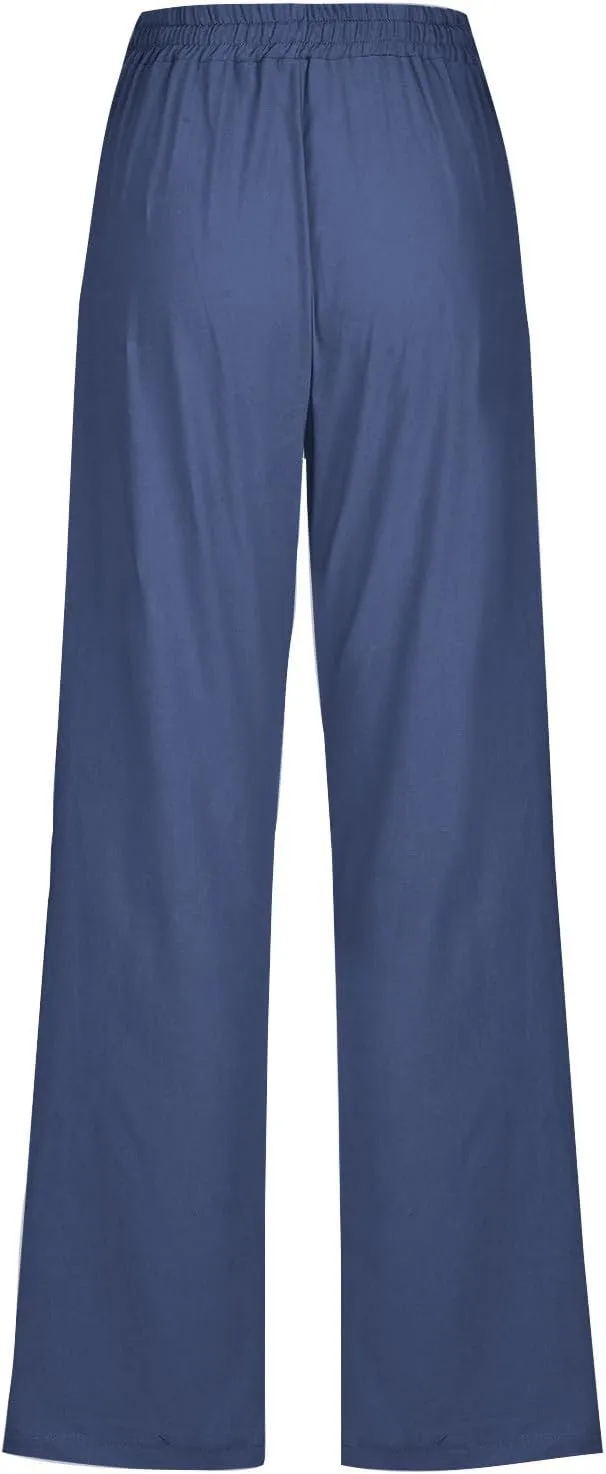 Lmdudan Plus Size Linen Pants for Women Summer Casual Drawstring High Waisted Pant Loose Vacation Lounge Trousers with Pocket