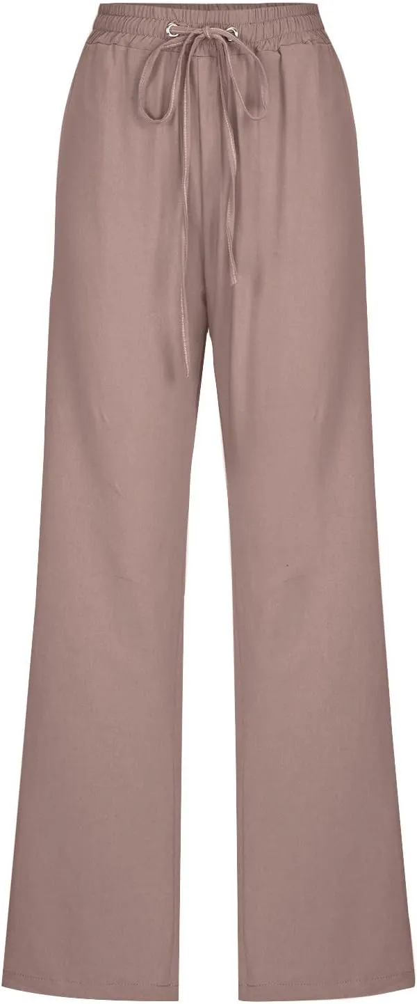 Lmdudan Plus Size Linen Pants for Women Summer Casual Drawstring High Waisted Pant Loose Vacation Lounge Trousers with Pocket
