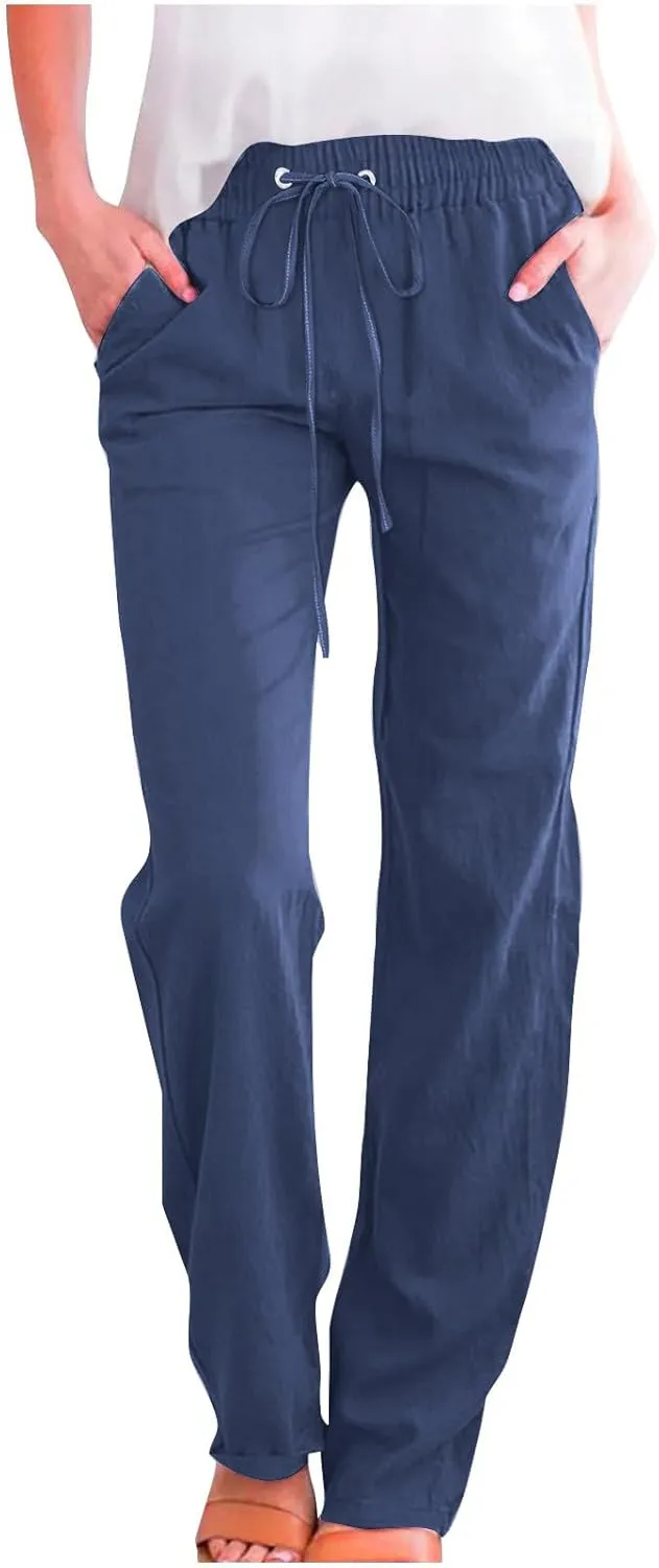 Lmdudan Plus Size Linen Pants for Women Summer Casual Drawstring High Waisted Pant Loose Vacation Lounge Trousers with Pocket