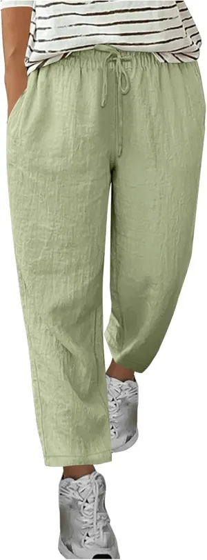 Lmdudan Plus Size Women Wide Leg Linen Pants Elastic Waisted Summer Cotton Linen Palazzo Pants Trendy Trousers with Pockets