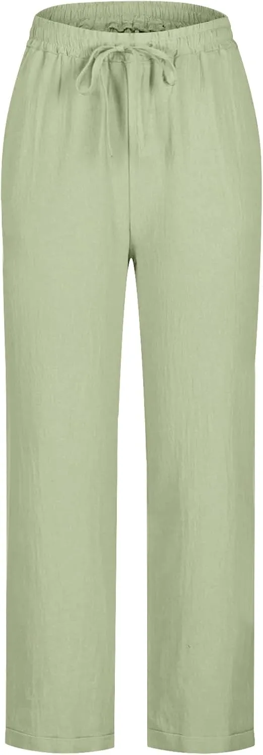 Lmdudan Plus Size Women Wide Leg Linen Pants Elastic Waisted Summer Cotton Linen Palazzo Pants Trendy Trousers with Pockets