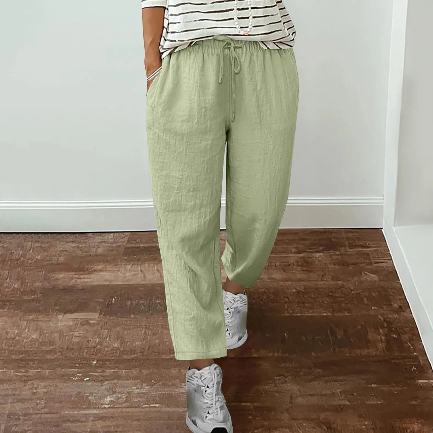 Lmdudan Plus Size Women Wide Leg Linen Pants Elastic Waisted Summer Cotton Linen Palazzo Pants Trendy Trousers with Pockets