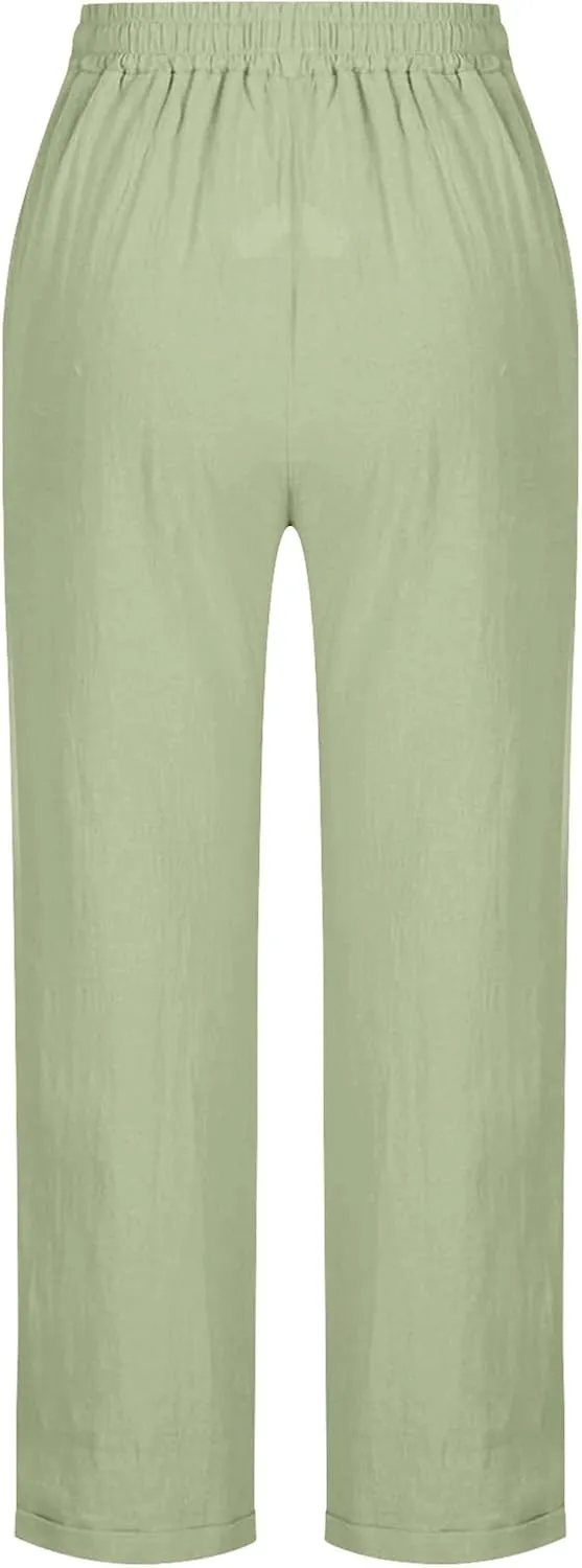 Lmdudan Plus Size Women Wide Leg Linen Pants Elastic Waisted Summer Cotton Linen Palazzo Pants Trendy Trousers with Pockets