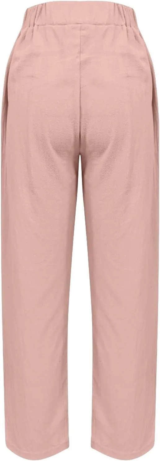 Lmdudan Summer Cotton Linen Casual Pants for Women Boho Lightweight Elastic High Waist Pant Baggy Trousers with Pockets