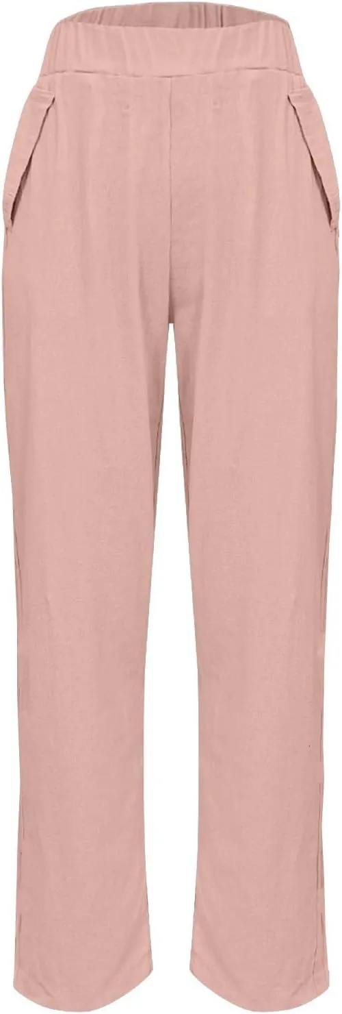 Lmdudan Summer Cotton Linen Casual Pants for Women Boho Lightweight Elastic High Waist Pant Baggy Trousers with Pockets