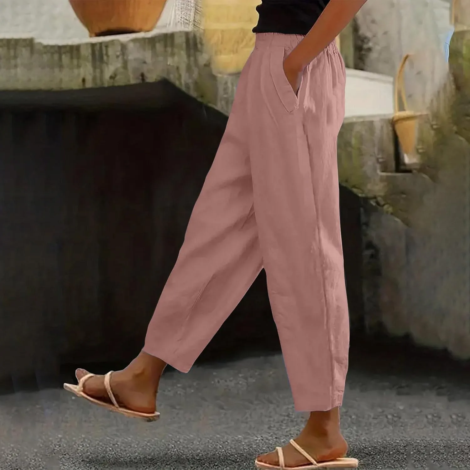 Lmdudan Summer Cotton Linen Casual Pants for Women Boho Lightweight Elastic High Waist Pant Baggy Trousers with Pockets