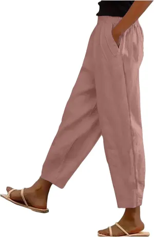 Lmdudan Summer Cotton Linen Casual Pants for Women Boho Lightweight Elastic High Waist Pant Baggy Trousers with Pockets