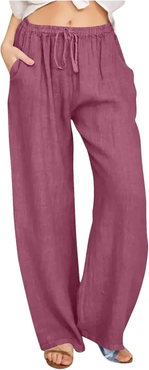 Lmdudan Summer Cotton Linen Palazzo Pants for Women Wide Leg Drawstring Waist Pants Casual Loose Work Trousers with Pockets