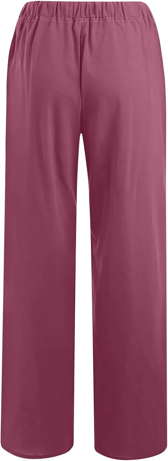 Lmdudan Summer Cotton Linen Palazzo Pants for Women Wide Leg Drawstring Waist Pants Casual Loose Work Trousers with Pockets