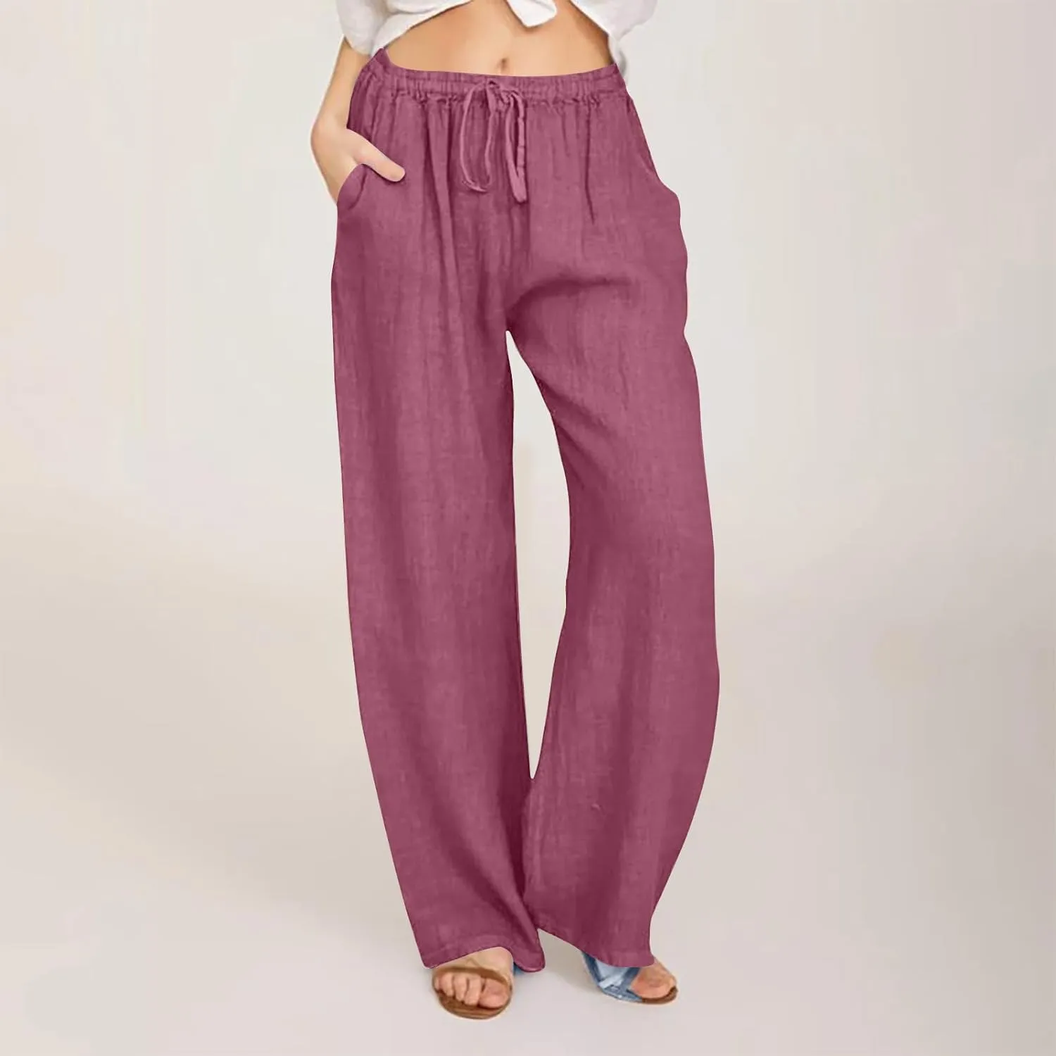 Lmdudan Summer Cotton Linen Palazzo Pants for Women Wide Leg Drawstring Waist Pants Casual Loose Work Trousers with Pockets