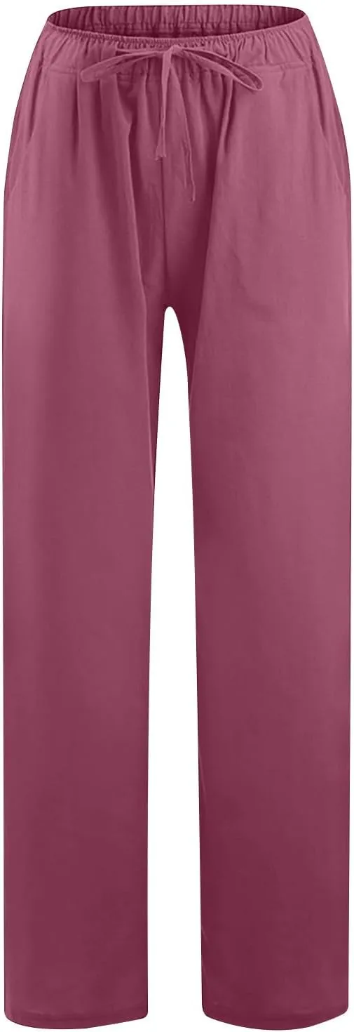 Lmdudan Summer Cotton Linen Palazzo Pants for Women Wide Leg Drawstring Waist Pants Casual Loose Work Trousers with Pockets