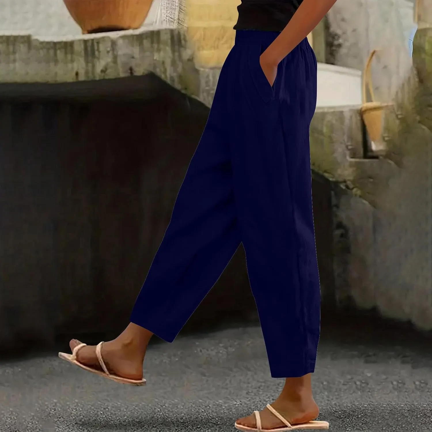Lmdudan Women Cotton Linen Pants Elastic Waist Straight Leg Casual Pant 2025 Summer Lightweight Trousers Vacation Outfits
