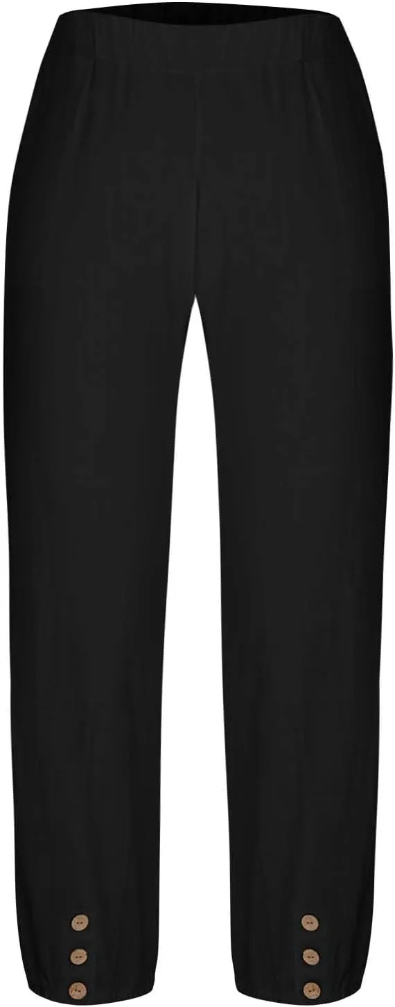 Lmdudan Women Linen Capri Pants Casual Drawstring Elastic High Waist Baggy Wide Leg Cropped Pants Trousers for Ladies Summer