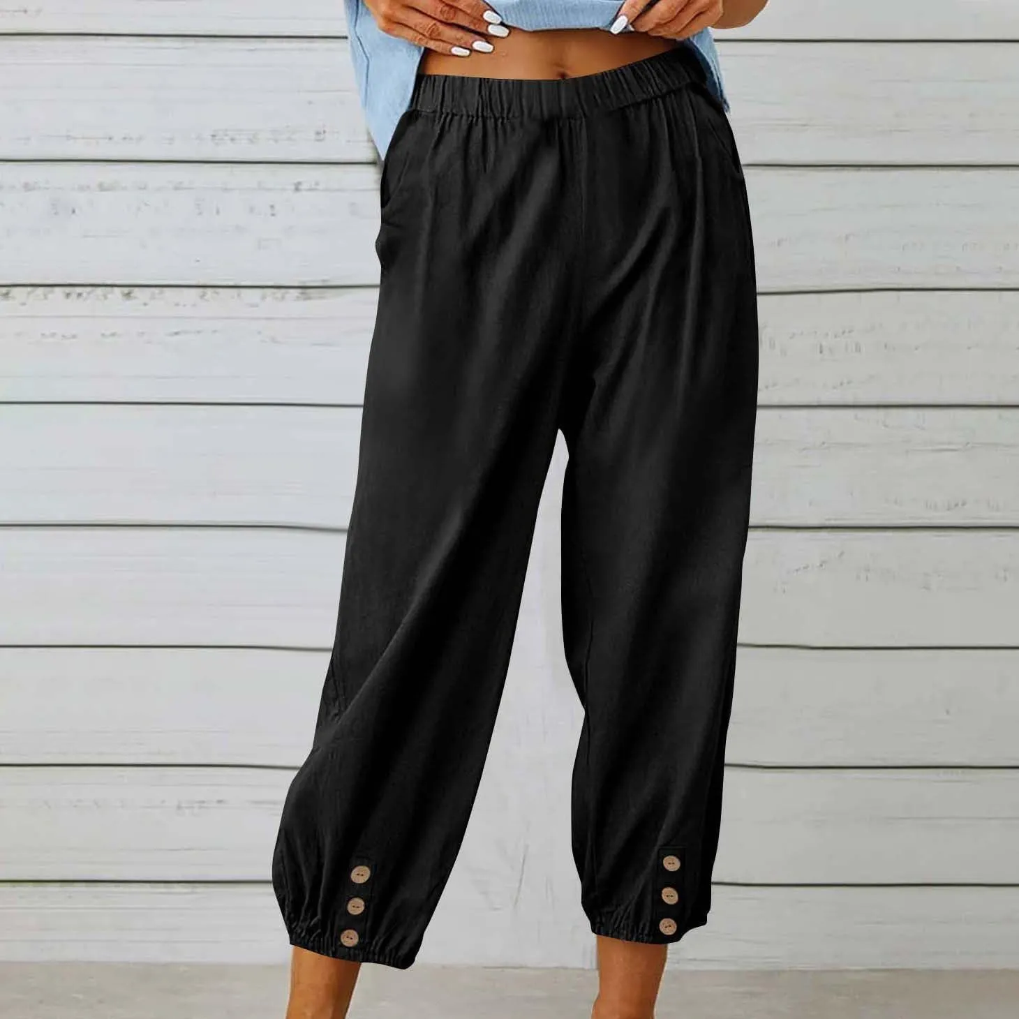 Lmdudan Women Linen Capri Pants Casual Drawstring Elastic High Waist Baggy Wide Leg Cropped Pants Trousers for Ladies Summer