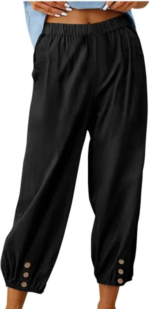 Lmdudan Women Linen Capri Pants Casual Drawstring Elastic High Waist Baggy Wide Leg Cropped Pants Trousers for Ladies Summer