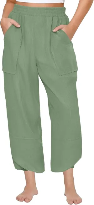 Lmdudan Womens Baggy Wide Leg Pants Casual Elastic Waisted Palazzo Pants with Pockets 2025 Summer Lightweight Capri Trousers