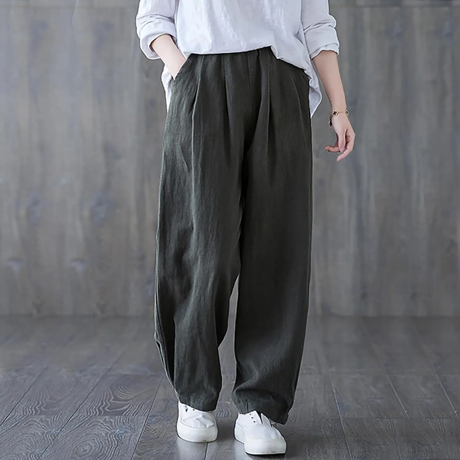 Lmdudan Women's Cotton Linen Straight Wide Leg Pants Elastic Waist Palazzo Trousers 2025 Summer Solid Lounge Pant with Pocket