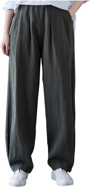 Lmdudan Women's Cotton Linen Straight Wide Leg Pants Elastic Waist Palazzo Trousers 2025 Summer Solid Lounge Pant with Pocket