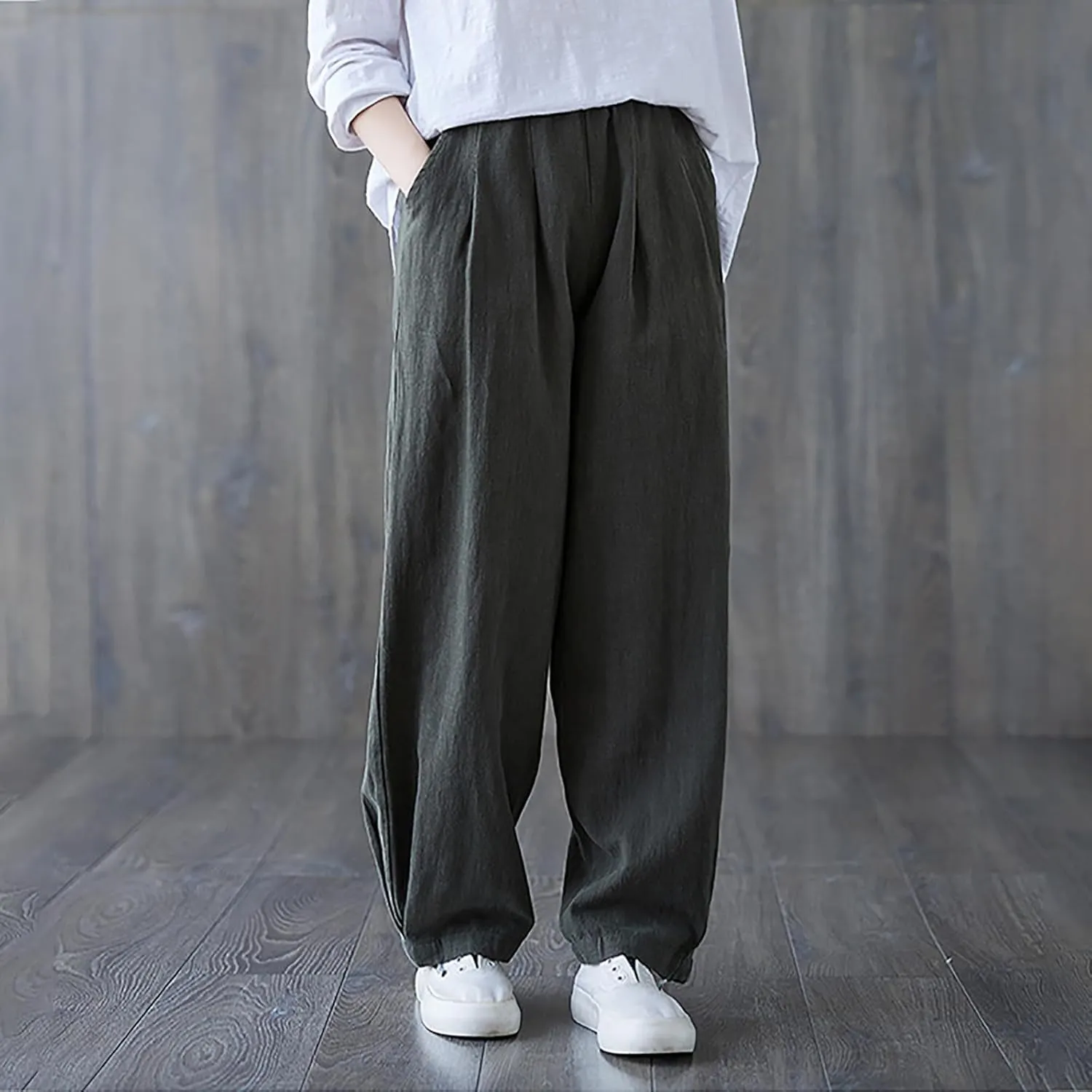 Lmdudan Women's Cotton Linen Straight Wide Leg Pants Elastic Waist Palazzo Trousers 2025 Summer Solid Lounge Pant with Pocket