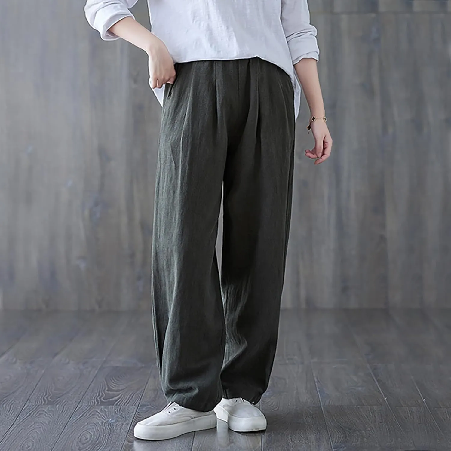 Lmdudan Women's Cotton Linen Straight Wide Leg Pants Elastic Waist Palazzo Trousers 2025 Summer Solid Lounge Pant with Pocket